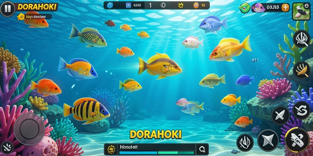 Screenshot gameplay DORAHOKI menampilkan momen seru menembak ikan.