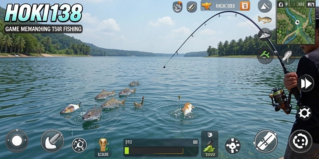 Screenshot gameplay HOKI138 dengan berbagai ikan yang menunggu untuk ditangkap.
