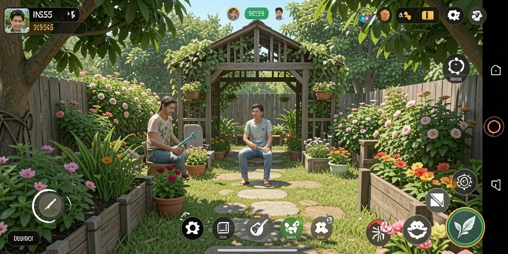 Tampilan gameplay INS55 dengan kebun subur dan tanaman yang tumbuh.