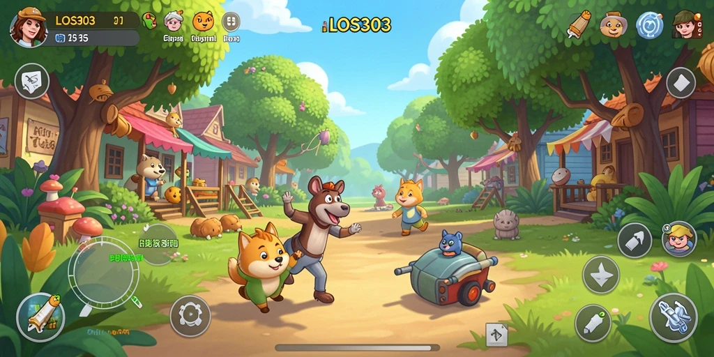 Screenshot utama menunjukkan gameplay menyenangkan LOS303 dengan grafis cerah.