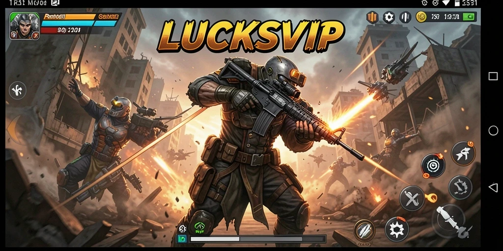 Tangkapan layar utama LUCKSVIP memperlihatkan aksi pertempuran yang intens dan mendebarkan.