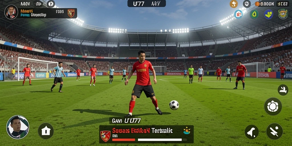 Tampilan gameplay UT77 menampilkan aksi sepak bola yang seru dan mendebarkan.